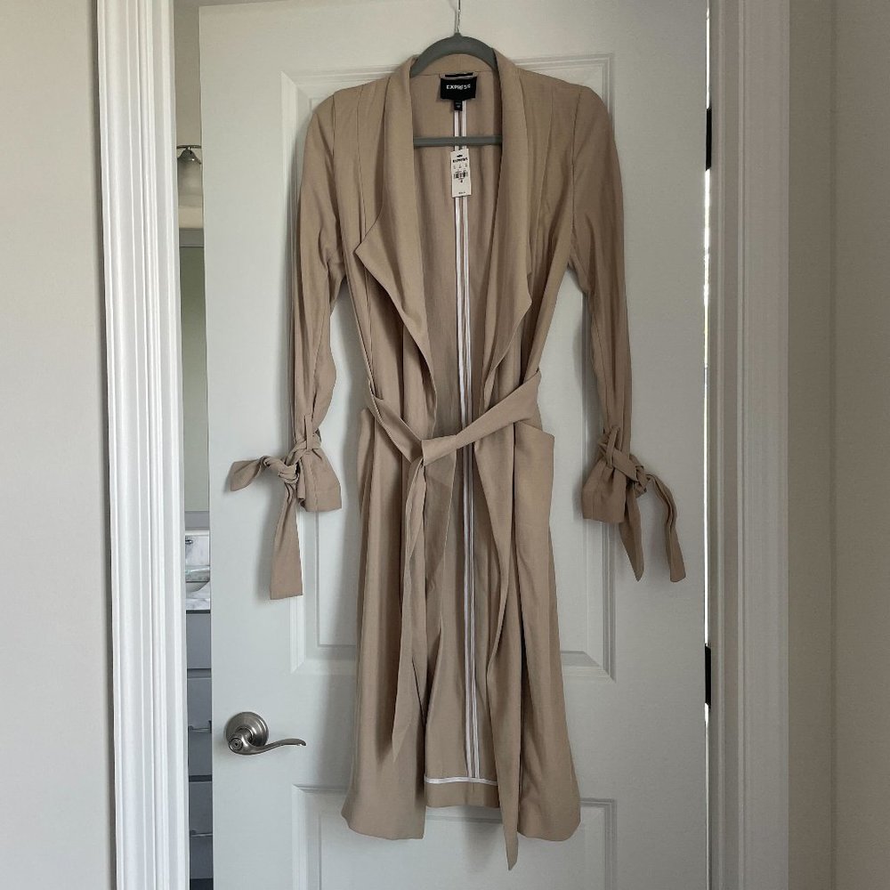 Express Soft Draped Khaki Trench Coat | Tie Waist Long Jacket | Cream XS